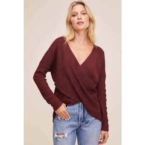 ASTR The Label women's Wrap Front V Neck Sweater In Burgundy Brown Size S